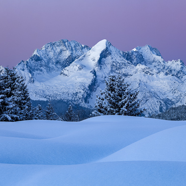 Buckelwiesen im Winter. Neuschnee auf den Buckelwiesen mit Blick auf Hochblassen - Alpspitze - Zugspitze - Waxenstein